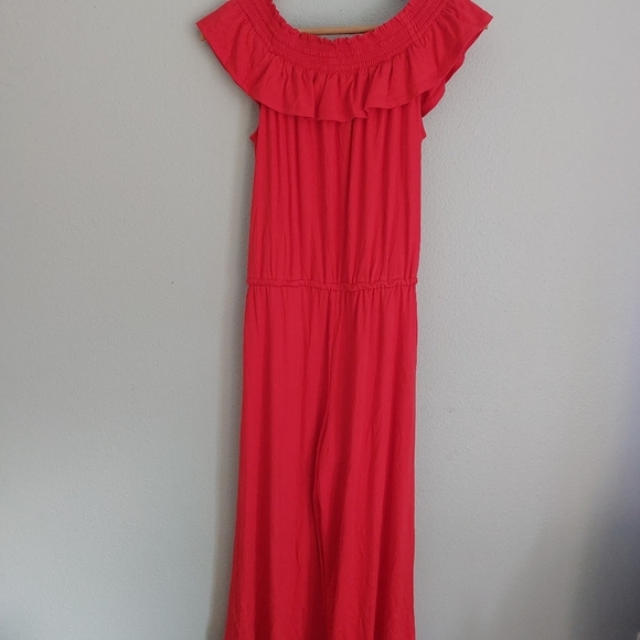 RALPH LAUREN Lauren Off The Shoulder Red Cropped Jumpsuit Medium Spring Rare - Picture 8 of 9